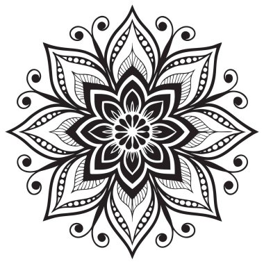 Bu resim, temiz beyaz arka planda simetrik siyah çizgi sanatının yer aldığı bir botanik mandala. Geometrik yapıyı organik elementlerle birleştirir ve onu renklendirme veya dekoratif tasarım için ideal hale getirir..