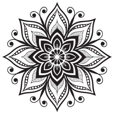 Bu resim, temiz beyaz arka planda simetrik siyah çizgi sanatının yer aldığı bir botanik mandala. Geometrik yapıyı organik elementlerle birleştirir ve onu renklendirme veya dekoratif tasarım için ideal hale getirir..