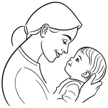 Görüntüde anne, bebeğini kucağında tutuyor ve her iki figür de birbirine sevgiyle bakıyor. Temiz, siyah-beyaz taslak anneliğin sıcaklığını ve bağlantısını ve ebeveynler ile çocuklar arasındaki bağı vurgular..