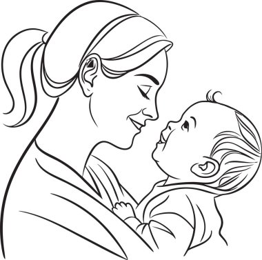 Görüntüde anne, bebeğini kucağında tutuyor ve her iki figür de birbirine sevgiyle bakıyor. Temiz, siyah-beyaz taslak anneliğin sıcaklığını ve bağlantısını ve ebeveynler ile çocuklar arasındaki bağı vurgular..