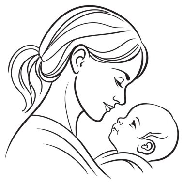 Bir anne ve bebeği arasındaki hassas anı tasvir eden güzel, basit bir sanat çizgisi çizimi çizimi. Siyah ve beyaz ana hatları, annenin gülümseyen bebeğine nazikçe baktığını, gerçek sıcaklığı, sevgiyi ve şefkati yakaladığını gösteriyor.
