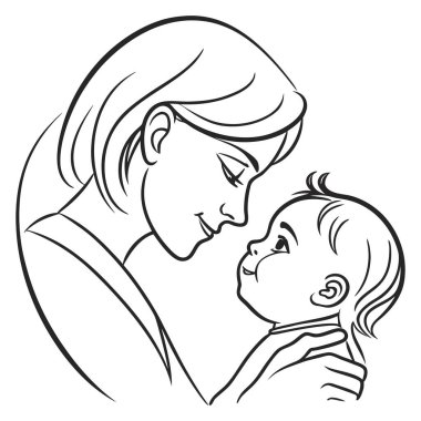 Bir anne ve bebeği arasındaki hassas anı tasvir eden güzel, basit bir sanat çizgisi çizimi çizimi. Siyah ve beyaz ana hatları, annenin gülümseyen bebeğine nazikçe baktığını, gerçek sıcaklığı, sevgiyi ve şefkati yakaladığını gösteriyor.