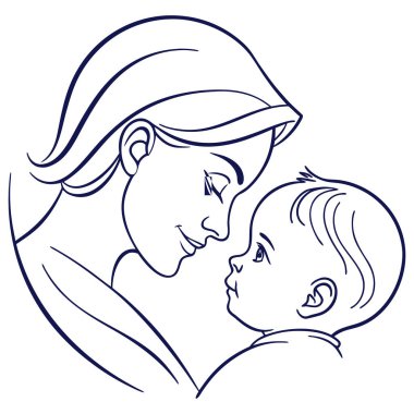 Bir anne ve bebeği arasındaki hassas anı tasvir eden güzel, basit bir sanat çizgisi çizimi çizimi. Siyah ve beyaz ana hatları, annenin gülümseyen bebeğine nazikçe baktığını, gerçek sıcaklığı, sevgiyi ve şefkati yakaladığını gösteriyor.