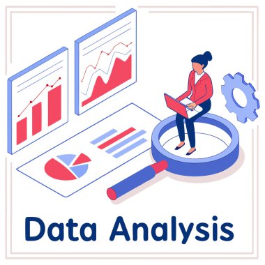 Bir kadın, bir iş analisti ya da veri bilimci, dizüstü bilgisayarla uğraşırken bir yığın belgenin üzerinde oturuyor. Etrafında veri yönetiminin temel unsurları bulunmaktadır: büyük bir büyüteç (araştırma ve incelemeyi sembolize eden), iki dikey