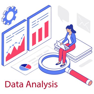 Bir kadın, bir iş analisti ya da veri bilimci, dizüstü bilgisayarla uğraşırken bir yığın belgenin üzerinde oturuyor. Etrafında veri yönetiminin temel unsurları bulunmaktadır: büyük bir büyüteç (araştırma ve incelemeyi sembolize eden), iki dikey