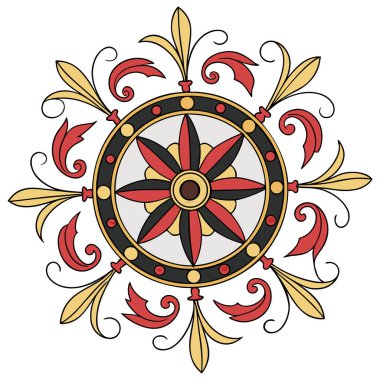 Bu illüstrasyon, deniz unsurları ile etnik süslemeleri harmanlayan klasik bir denizcilik mandalasıdır. Kalın kırmızı, kömür grisi ve altın tonlarında, yapraksı desenli, ritmik, çiçek desenli merkezi dairesel bir çekirdeğe sahiptir..