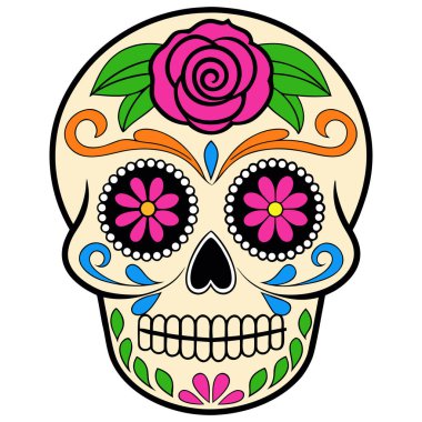 Bu siyah-beyaz kafatası çizimi kültürel detaylarla dolu simetrik bir tasarıma sahip. Kalp şeklinde göz çukurları, çiçek motifleri ve girdap desenleri kafatasını süslüyor, Da de los Muertos 'un geleneksel sanatını yansıtıyor..