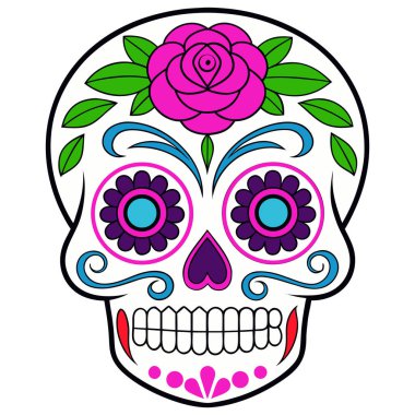 Bu siyah-beyaz kafatası çizimi kültürel detaylarla dolu simetrik bir tasarıma sahip. Kalp şeklinde göz çukurları, çiçek motifleri ve girdap desenleri kafatasını süslüyor, Da de los Muertos 'un geleneksel sanatını yansıtıyor..