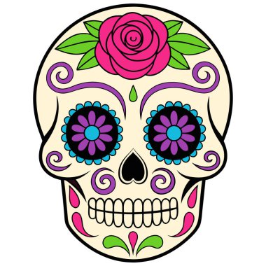 Bu siyah-beyaz kafatası çizimi kültürel detaylarla dolu simetrik bir tasarıma sahip. Kalp şeklinde göz çukurları, çiçek motifleri ve girdap desenleri kafatasını süslüyor, Da de los Muertos 'un geleneksel sanatını yansıtıyor..