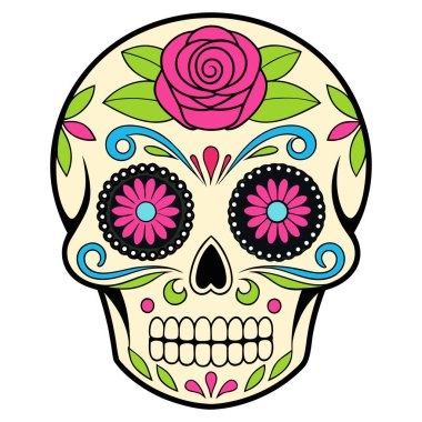 Bu siyah-beyaz kafatası çizimi kültürel detaylarla dolu simetrik bir tasarıma sahip. Kalp şeklinde göz çukurları, çiçek motifleri ve girdap desenleri kafatasını süslüyor, Da de los Muertos 'un geleneksel sanatını yansıtıyor..