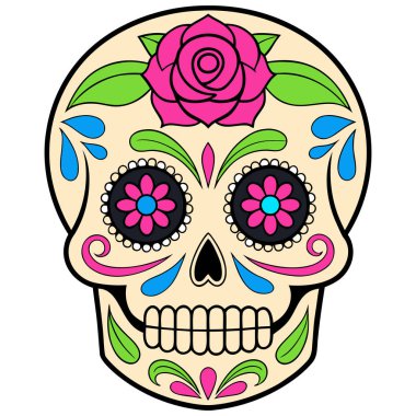 Bu siyah-beyaz kafatası çizimi kültürel detaylarla dolu simetrik bir tasarıma sahip. Kalp şeklinde göz çukurları, çiçek motifleri ve girdap desenleri kafatasını süslüyor, Da de los Muertos 'un geleneksel sanatını yansıtıyor..