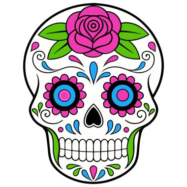 Bu siyah-beyaz kafatası çizimi kültürel detaylarla dolu simetrik bir tasarıma sahip. Kalp şeklinde göz çukurları, çiçek motifleri ve girdap desenleri kafatasını süslüyor, Da de los Muertos 'un geleneksel sanatını yansıtıyor..