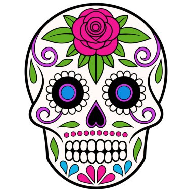 Bu siyah-beyaz kafatası çizimi kültürel detaylarla dolu simetrik bir tasarıma sahip. Kalp şeklinde göz çukurları, çiçek motifleri ve girdap desenleri kafatasını süslüyor, Da de los Muertos 'un geleneksel sanatını yansıtıyor..