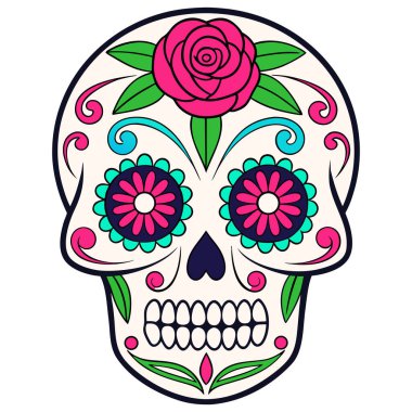 Bu siyah-beyaz kafatası çizimi kültürel detaylarla dolu simetrik bir tasarıma sahip. Kalp şeklinde göz çukurları, çiçek motifleri ve girdap desenleri kafatasını süslüyor, Da de los Muertos 'un geleneksel sanatını yansıtıyor..