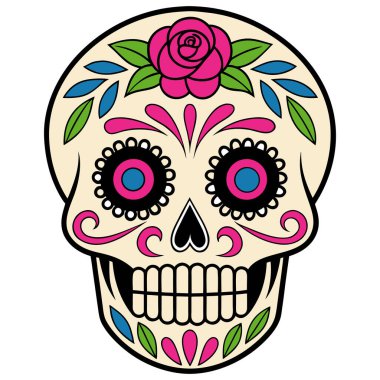 Bu siyah-beyaz kafatası çizimi kültürel detaylarla dolu simetrik bir tasarıma sahip. Kalp şeklinde göz çukurları, çiçek motifleri ve girdap desenleri kafatasını süslüyor, Da de los Muertos 'un geleneksel sanatını yansıtıyor..