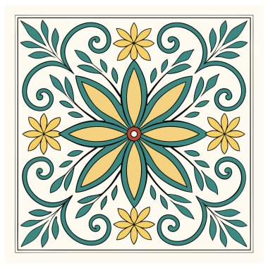 Bu Akdeniz esinlenilmiş fayans illüstrasyonunda geleneksel Talavera ve İspanyol Azulejo sanatından etkilenen çarpıcı simetrik bir çiçek motifi yer alıyor. Tasarım, zarif bir deniz mavisi kaydırma ile çerçevelenmiş merkezi sekiz yapraklı bir çiçek sergiliyor.