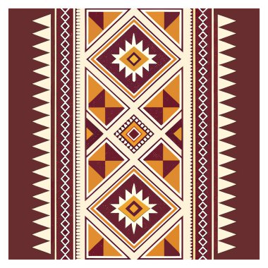 Bu yüksek kaliteli Güneybatı tarzı geometrik vektör deseni zengin, sıcak kestane rengi, altın sarısı ve kıtır beyaz bir palete sahiptir. Geleneksel Aztek ve Yerli Amerikan tekstillerinden esinlenen tasarım, güneş patlamasının merkezi bir sütunu sergiliyor.