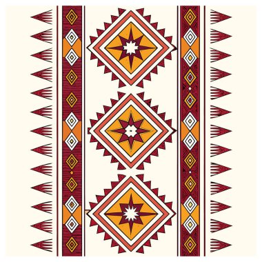 Bu yüksek kaliteli Güneybatı tarzı geometrik vektör deseni zengin, sıcak kestane rengi, altın sarısı ve kıtır beyaz bir palete sahiptir. Geleneksel Aztek ve Yerli Amerikan tekstillerinden esinlenen tasarım, güneş patlamasının merkezi bir sütunu sergiliyor.