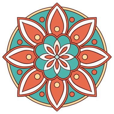 Bu resim, geleneksel ruhani sanatı modern bir renk paletiyle harmanlayarak dengeli bir radyal tasarım ile canlı, renkli bir mandalaya sahiptir. Profesyonel grafik tasarım projeleri için uygun temiz, vektör tarzı bir bitiş kullanır.