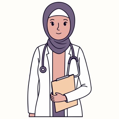 Başörtüsü ve beyaz laboratuvar önlüğü giyen Müslüman bir kadın doktor ya da doktorun dostane bir temsili. Elinde bir dosya var ve boynunda steteskop var. Bu illüstrasyon sağlık hizmetlerindeki çeşitliliği temsil etmektedir ve idealdir.