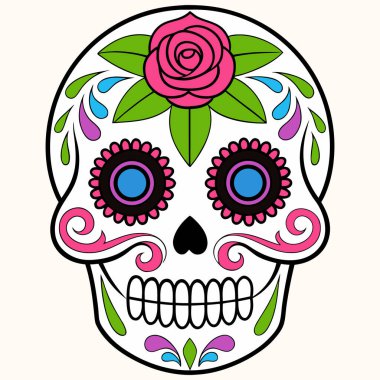 Bu resim, Meksika bayramı Da de los Muertos (Ölüler Günü) ile ilişkili geleneksel bir sembol olan canlı bir Calavera (şeker kafatası) resmidir.).