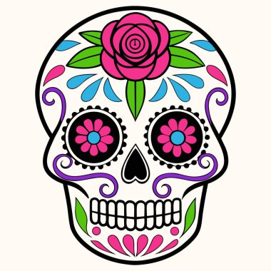 Bu resim, Meksika bayramı Da de los Muertos (Ölüler Günü) ile ilişkili geleneksel bir sembol olan canlı bir Calavera (şeker kafatası) resmidir.).