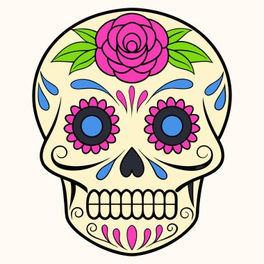 Bu resim, Meksika bayramı Da de los Muertos (Ölüler Günü) ile ilişkili geleneksel bir sembol olan canlı bir Calavera (şeker kafatası) resmidir.).