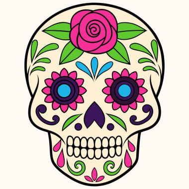 Bu resim, Meksika bayramı Da de los Muertos (Ölüler Günü) ile ilişkili geleneksel bir sembol olan canlı bir Calavera (şeker kafatası) resmidir.).