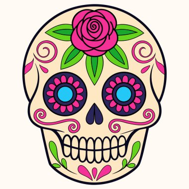 Bu resim, Meksika bayramı Da de los Muertos (Ölüler Günü) ile ilişkili geleneksel bir sembol olan canlı bir Calavera (şeker kafatası) resmidir.).