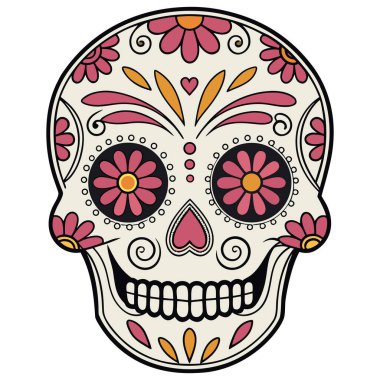 Bu resim, Meksika geleneği Da de los Muertos 'un merkezi bir simgesi olan detaylı bir Calavera (şeker kafatası) resmidir. Daha modern yorumlara kıyasla, bu tasarım sıcak, antika renkli hardal sarısı bir palete sahiptir.,