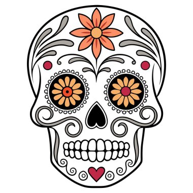 Bu resim, Meksika geleneği Da de los Muertos 'un merkezi bir simgesi olan detaylı bir Calavera (şeker kafatası) resmidir. Daha modern yorumlara kıyasla, bu tasarım sıcak, antika renkli hardal sarısı bir palete sahiptir.,