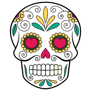 Şenlik tasarımlarınızı bu yüksek kalite, düz stil Meksika Şeker Kafatası (Calavera) illüstrasyonuyla yükseltin. Dia de los Muertos (Ölüler Günü) ve Cadılar Bayramı projeleri için mükemmel, bu vektör simetrik çiçek desenleri, gök mavisi ve sarı