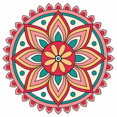 Merkezi altı yapraklı nilüfer çiçeğine benzer, geometrik ve çiçekli desenlerin katmanlarıyla çevrili, hepsi dairesel bir sınırın içinde. Renk paleti pembe, deniz mavisi, altın / sarı-turuncu ve koyu gül / mor tonlarını içerir..