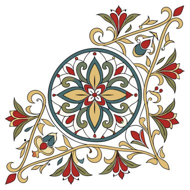 Sergide, Arabesk veya Barok tarzı filigran katmanları tarafından çerçevelenmiş kırmızı ve altın şeklinde merkezi bir çiçek motifi sergileniyor. Renk paleti ağırlıklı olarak kraliyet altını, koyu kırmızı ve koyu mavi aksanlıdır, hepsi siyah veya koyu renkli çizgilerle özetlenmiştir..