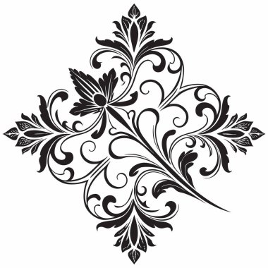 Gelişmiş bir siyah-beyaz vektör çizimi. Karmaşık bir İtalyan stili. Tasarım simetrik, dalgalı çiçek tomarları ve yapraklardan oluşur, bu da onu zarif markalaşma, dekoratif kenarlar veya kumaş desenleri için mükemmel hale getirir..