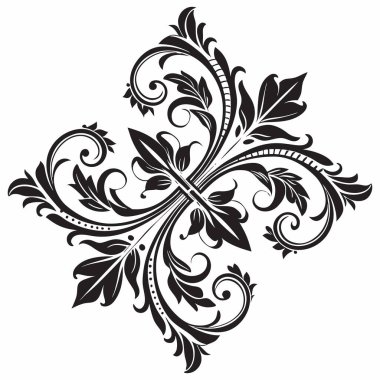 Gelişmiş bir siyah-beyaz vektör çizimi. Karmaşık bir İtalyan stili. Tasarım simetrik, dalgalı çiçek tomarları ve yapraklardan oluşur, bu da onu zarif markalaşma, dekoratif kenarlar veya kumaş desenleri için mükemmel hale getirir..