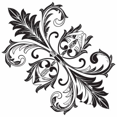 Gelişmiş bir siyah-beyaz vektör çizimi. Karmaşık bir İtalyan stili. Tasarım simetrik, dalgalı çiçek tomarları ve yapraklardan oluşur, bu da onu zarif markalaşma, dekoratif kenarlar veya kumaş desenleri için mükemmel hale getirir..
