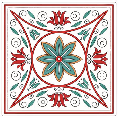 Bu illüstrasyon geleneksel Akdeniz ve Talavera fayans sanatından esinlenilmiş canlı, simetrik bir çiçek motifi. Zarif kırmızı süslemeler, stilize lale benzeri çiçekler ve ılık sarı renkli çiçeklerle çevrili merkezi bir deniz mavisi yıldız patlaması içerir.