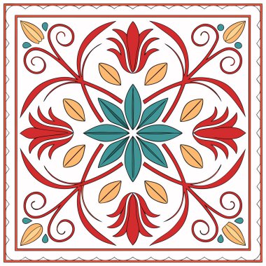 Bu illüstrasyon geleneksel Akdeniz ve Talavera fayans sanatından esinlenilmiş canlı, simetrik bir çiçek motifi. Zarif kırmızı süslemeler, stilize lale benzeri çiçekler ve ılık sarı renkli çiçeklerle çevrili merkezi bir deniz mavisi yıldız patlaması içerir.