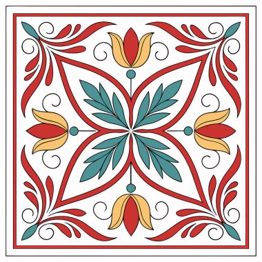 Bu illüstrasyon geleneksel Akdeniz ve Talavera fayans sanatından esinlenilmiş canlı, simetrik bir çiçek motifi. Zarif kırmızı süslemeler, stilize lale benzeri çiçekler ve ılık sarı renkli çiçeklerle çevrili merkezi bir deniz mavisi yıldız patlaması içerir.