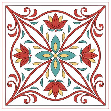 Bu illüstrasyon geleneksel Akdeniz ve Talavera fayans sanatından esinlenilmiş canlı, simetrik bir çiçek motifi. Zarif kırmızı süslemeler, stilize lale benzeri çiçekler ve ılık sarı renkli çiçeklerle çevrili merkezi bir deniz mavisi yıldız patlaması içerir.