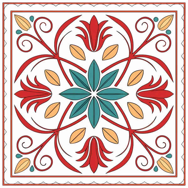 Bu illüstrasyon geleneksel Akdeniz ve Talavera fayans sanatından esinlenilmiş canlı, simetrik bir çiçek motifi. Zarif kırmızı süslemeler, stilize lale benzeri çiçekler ve ılık sarı renkli çiçeklerle çevrili merkezi bir deniz mavisi yıldız patlaması içerir.