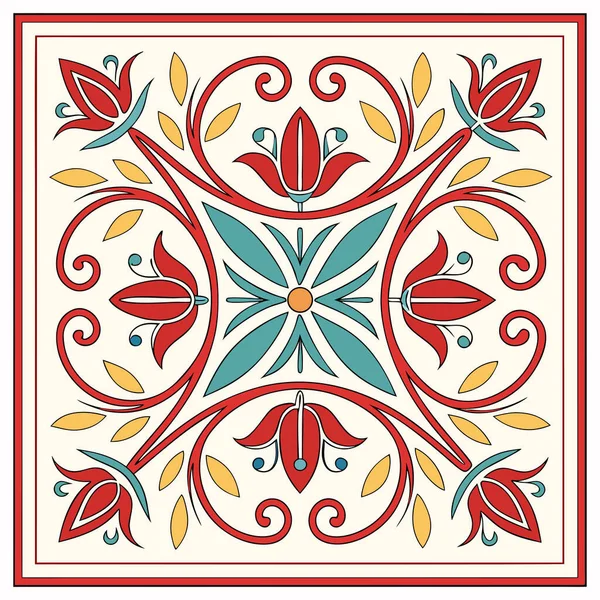 Bu illüstrasyon geleneksel Akdeniz ve Talavera fayans sanatından esinlenilmiş canlı, simetrik bir çiçek motifi. Zarif kırmızı süslemeler, stilize lale benzeri çiçekler ve ılık sarı renkli çiçeklerle çevrili merkezi bir deniz mavisi yıldız patlaması içerir.