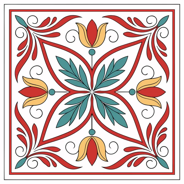 Bu illüstrasyon geleneksel Akdeniz ve Talavera fayans sanatından esinlenilmiş canlı, simetrik bir çiçek motifi. Zarif kırmızı süslemeler, stilize lale benzeri çiçekler ve ılık sarı renkli çiçeklerle çevrili merkezi bir deniz mavisi yıldız patlaması içerir.