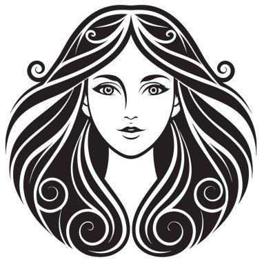 Tarz sahibi, siyah ve beyaz bir vektör çizimi. Uzun, dalgalı saçları sanatsal kıvrımlar ve kıvrımlarla dolu bir kadın portresi. Güzellik salonu logoları, markalaşma veya grafik tasarım projeleri için idealdir.