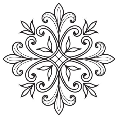 Bu, simetrik, süslü bir mandala tasarımı içeren siyah beyaz çizgili bir sanat vektörü. Karmaşık filigran, akışkan kaydırma, ve çapraz bir formda dizilmiş sivri yapraklı şekiller içerir, boyama sayfaları için ideal hale getirir,