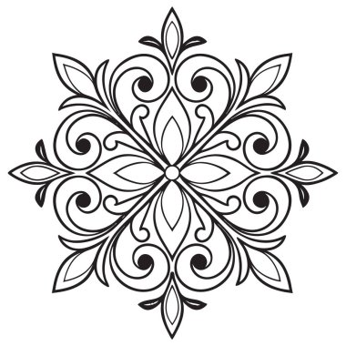 Bu, simetrik, süslü bir mandala tasarımı içeren siyah beyaz çizgili bir sanat vektörü. Karmaşık filigran, akışkan kaydırma, ve çapraz bir formda dizilmiş sivri yapraklı şekiller içerir, boyama sayfaları için ideal hale getirir,