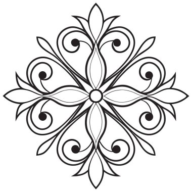 Bu, simetrik, süslü bir mandala tasarımı içeren siyah beyaz çizgili bir sanat vektörü. Karmaşık filigran, akışkan kaydırma, ve çapraz bir formda dizilmiş sivri yapraklı şekiller içerir, boyama sayfaları için ideal hale getirir,