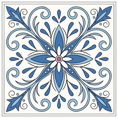 Beyaz arka planda stilize edilmiş mavi çiçekli ve botanik motifli simetrik, Akdeniz esinlenilmiş bir fayans tasarımı. Kalıp karmaşık parşömenlerden oluşuyor.,