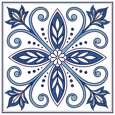 Beyaz arka planda stilize edilmiş mavi çiçekli ve botanik motifli simetrik, Akdeniz esinlenilmiş bir fayans tasarımı. Kalıp karmaşık parşömenlerden oluşuyor.,